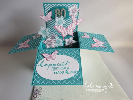 80th Birthday card in a box, Petite Petals, Papillon Potpourri, DIY Feminine #stampinup @cardsbykatemorgan