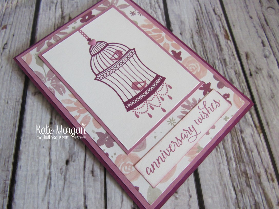 Feminine Anniversary card using Stampin' Ups Builder Bird Cage &amp; Blooms and Bliss DSP by Kate Morgan, Independent Demonstrator Australia. Occasions 2017 DIY side
