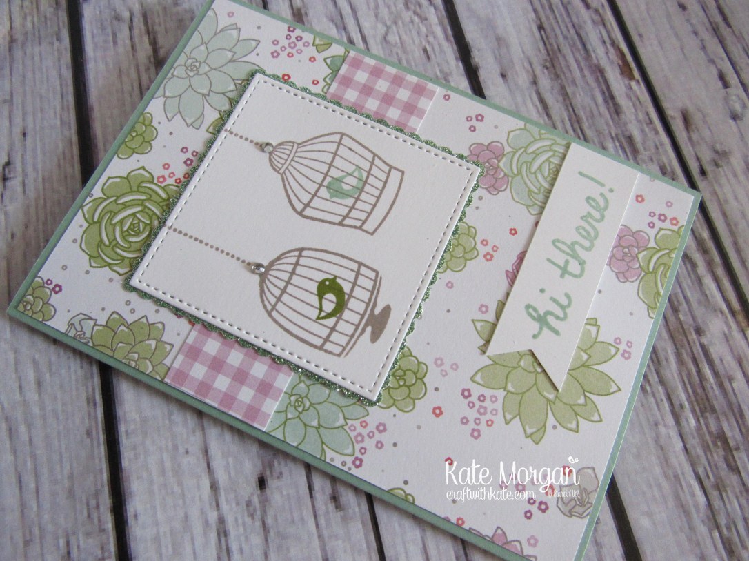 Feminine card using Stampin' Ups Builder Bird Cage & Succulent Garden DSP by Kate Morgan, Independent Demonstrator Australia. Occasions 2017 DIY