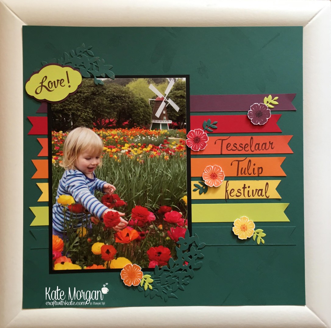 12 x 12 Scrapbook Layout using Beautiful Bouquet stamp set, Pretty Label Punch, Lovely Laurel Thinlits Lovely by Kate Morgan, Independent Stampin Up Demonstrator Australia