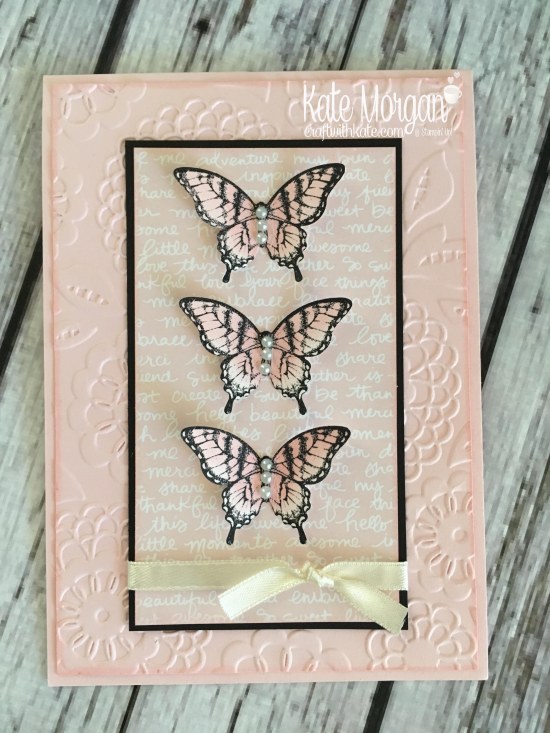 Butterfly Card using Stampin Up Papillon Potpourri, Elegant Butterfly punch, Subtles DSP, Lovey Lace TIEF by Kate Morgan, Independent Demonstrator Melbourne. 2017 3D