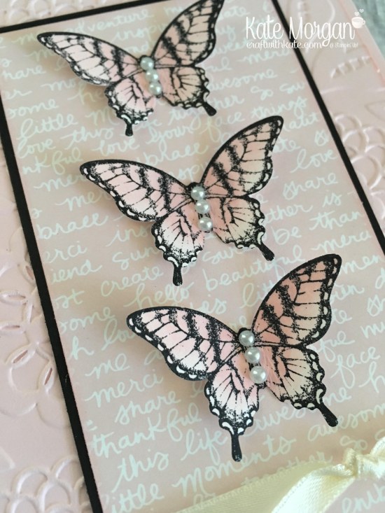 Butterfly Card using Stampin Up Papillon Potpourri, Elegant Butterfly punch, Subtles DSP, Lovey Lace TIEF by Kate Morgan, Independent Demonstrator Melbourne. 2017