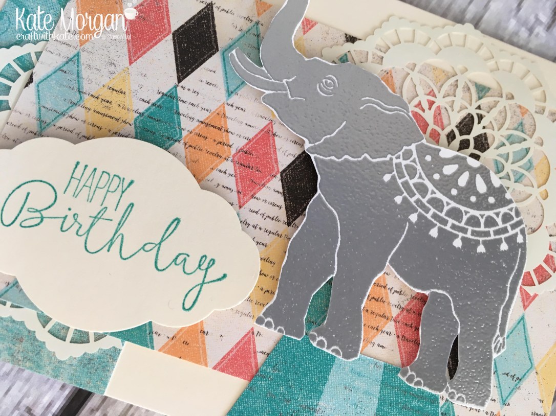Happy Birthday card using Stampin Ups Lucky Elephant, Cupcakes & Carousels DSP & Special Cenlebrations stamp set by Kate Morgan, Independent Demonstrator, Rowville.JPG