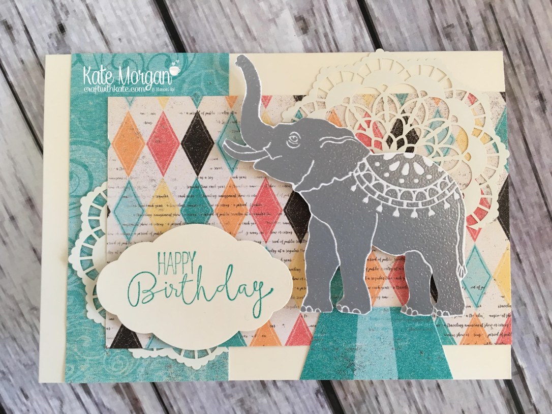 Happy Birthday card using Stampin Ups Lucky Elephant stamp, Cupcakes & Carousels DSP & Special Cenlebrations stamp set by Kate Morgan, Independent Demonstrator, Rowville.JPG