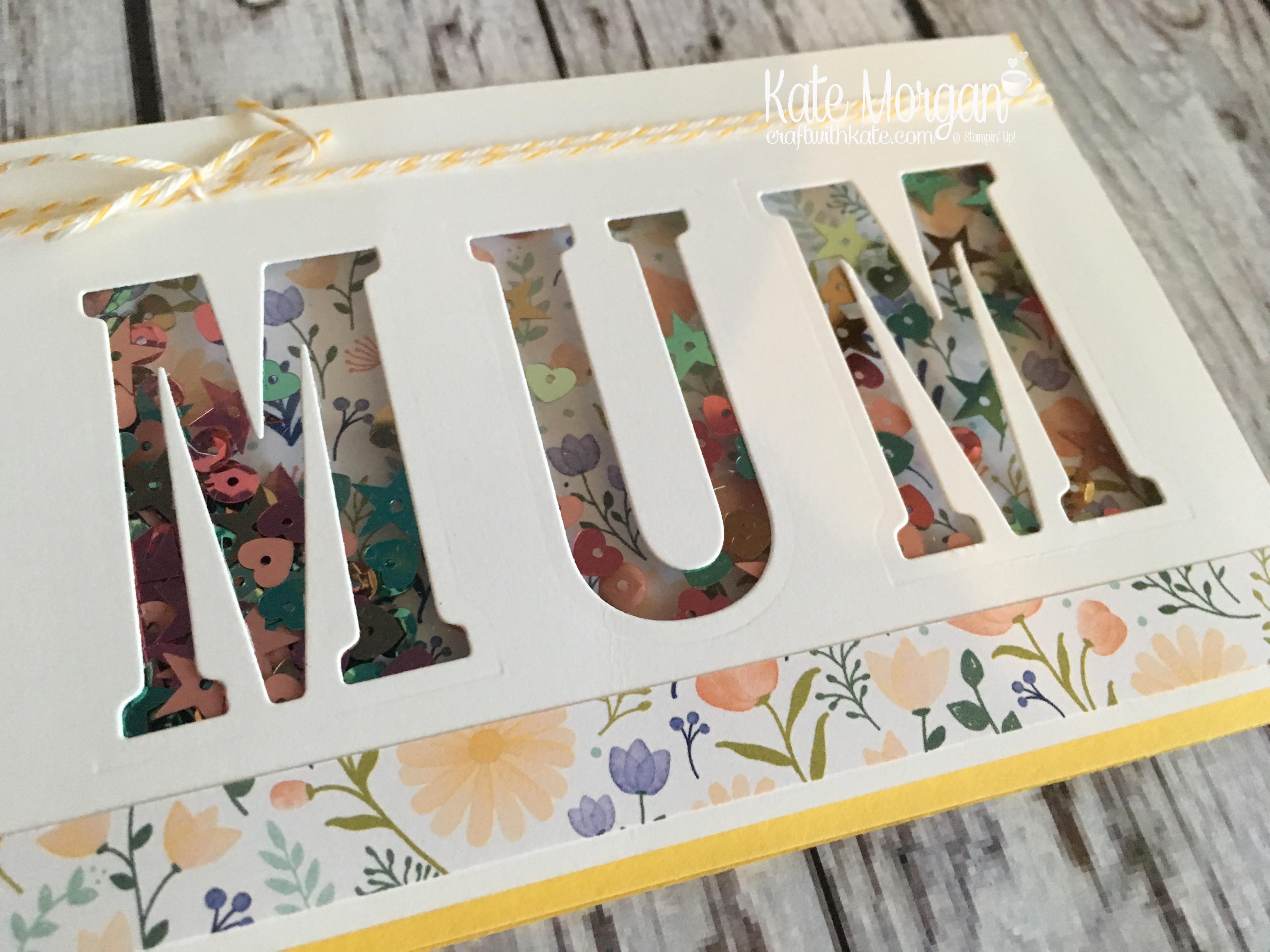 Shaker card for Mother's Day using Stampin Ups Delightful Daisy DSP &amp; Large Letter Framelits by Kate Morgan, Independent SU Demonstrator, Rowville side