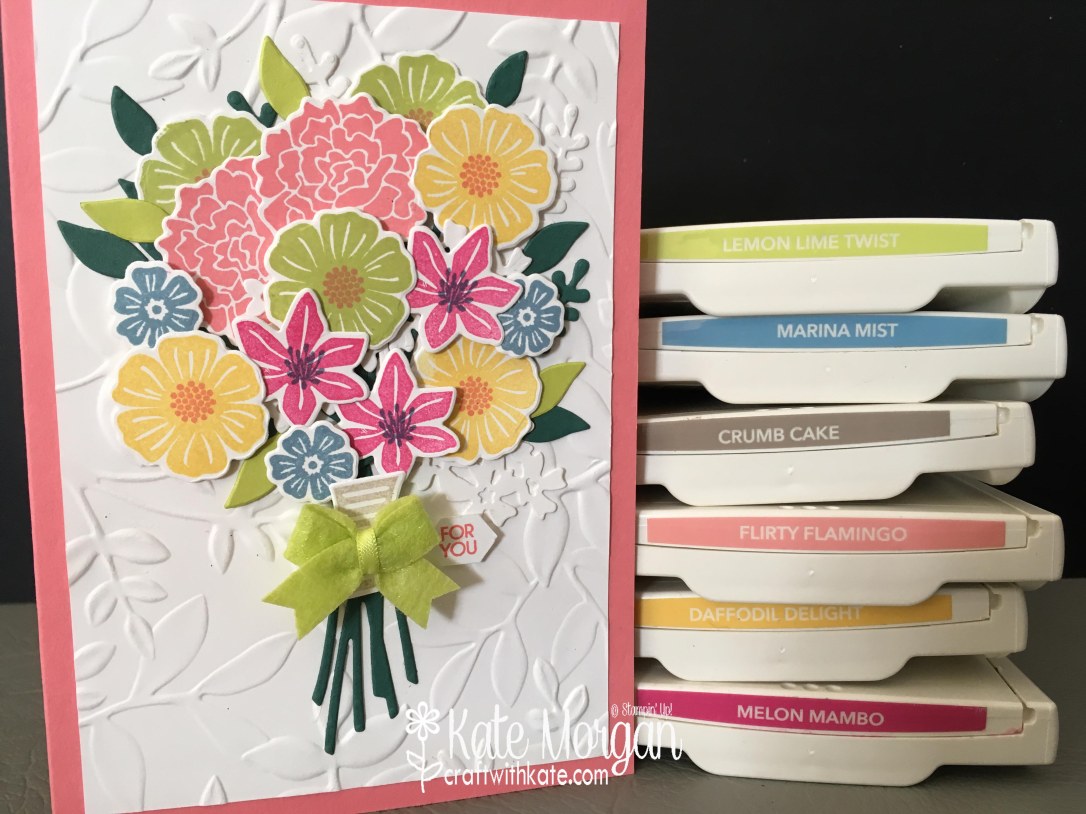 Beautiful Posy card using Beautiful Bouquet Bundle by Kate Morgan, Independent Stampin' Up! Demostrator, Australia 3D colourful