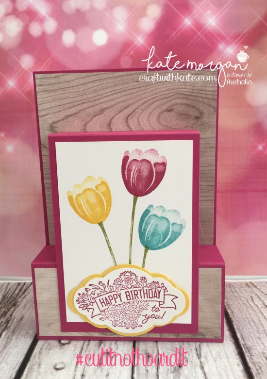 Fancy Fold Card using Stampin Ups Tranquil Tulips, Pretty Label Bundle & Wood Grain DSP by Kate Morgan, Independent Demonstrator Australia 3D