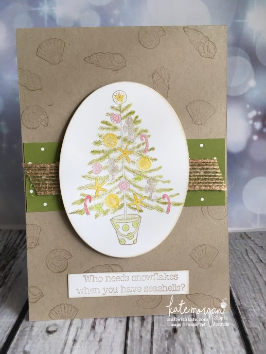 Beachy Little Christmas card using Stampin Ups Merry Little Christmas DSP by Kate Morgan, Independent Demonstrator, Australia
