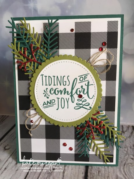 Christmas Pines Card for the Heart of Christmas Inspiration by Kate Morgan, Independent Demonstrator, Australia DIY #stampinup #cutitnothoardit