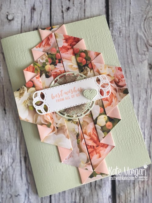 Double Pleat Fold card using Stampin Up Petal Promenade DSP by Kate Morgan, Australia, 2018