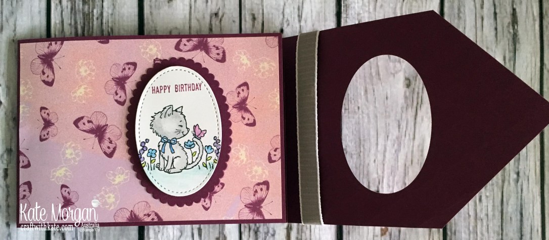 Pretty Kitty Fun Fold card using Stampin Up Tea Room DSP by Kate Morgan Australia.