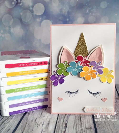 Unicorn birthday card using Stampin Up Tropical Chic by Kate Morgan Australia.