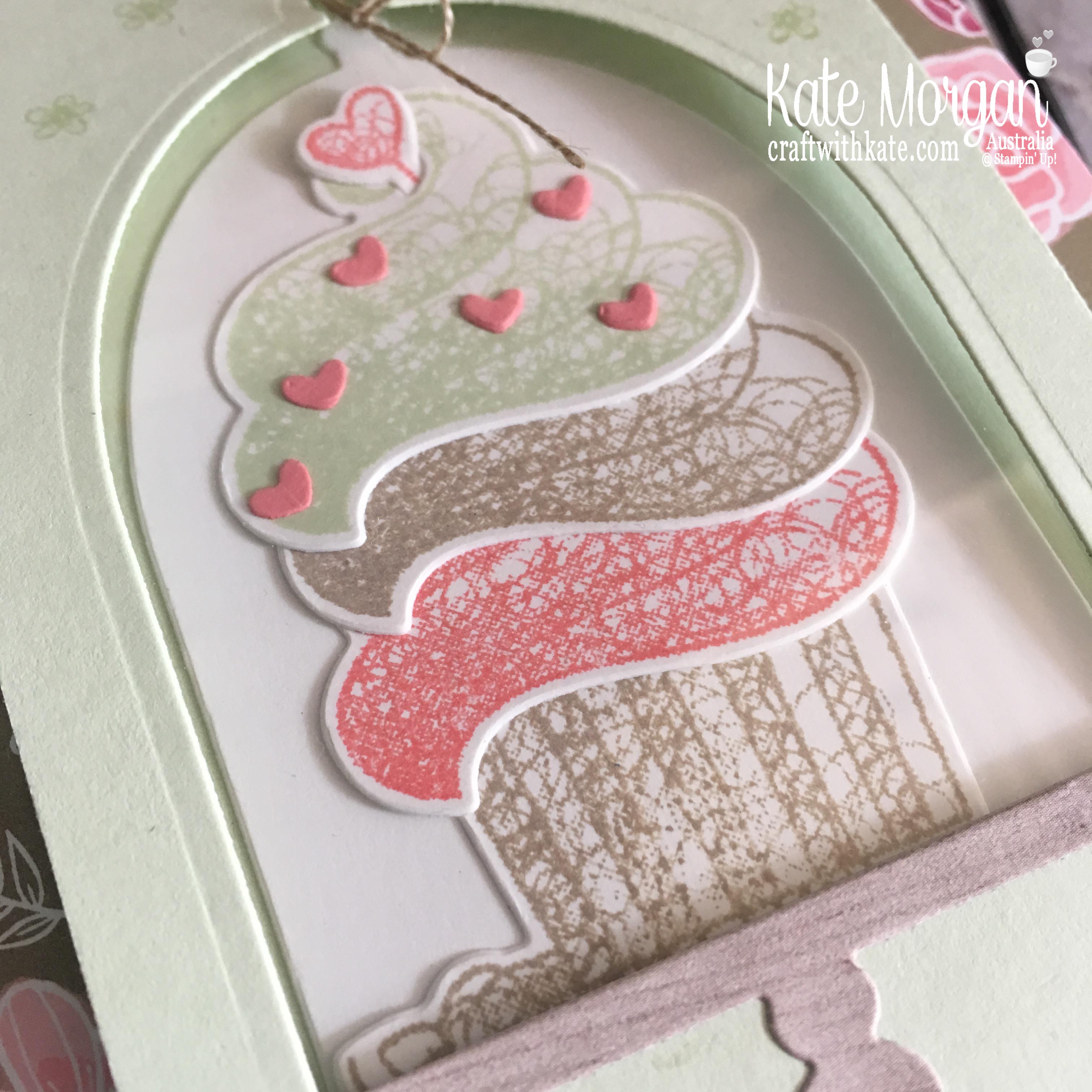 Hello Cupcake Window Card, All My Love DSP Saleabration 2019 by Kate Morgan Stampin Up Australia close up