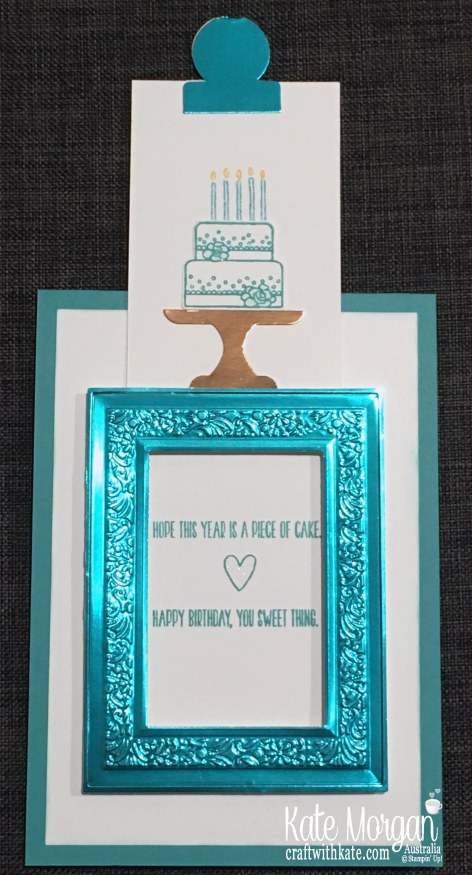 Pull Tab Slider Card using Stampin Up Heirloom Frames, Peacock Foil, Piece of Cake by Kate Morgan, Australia 2019 open