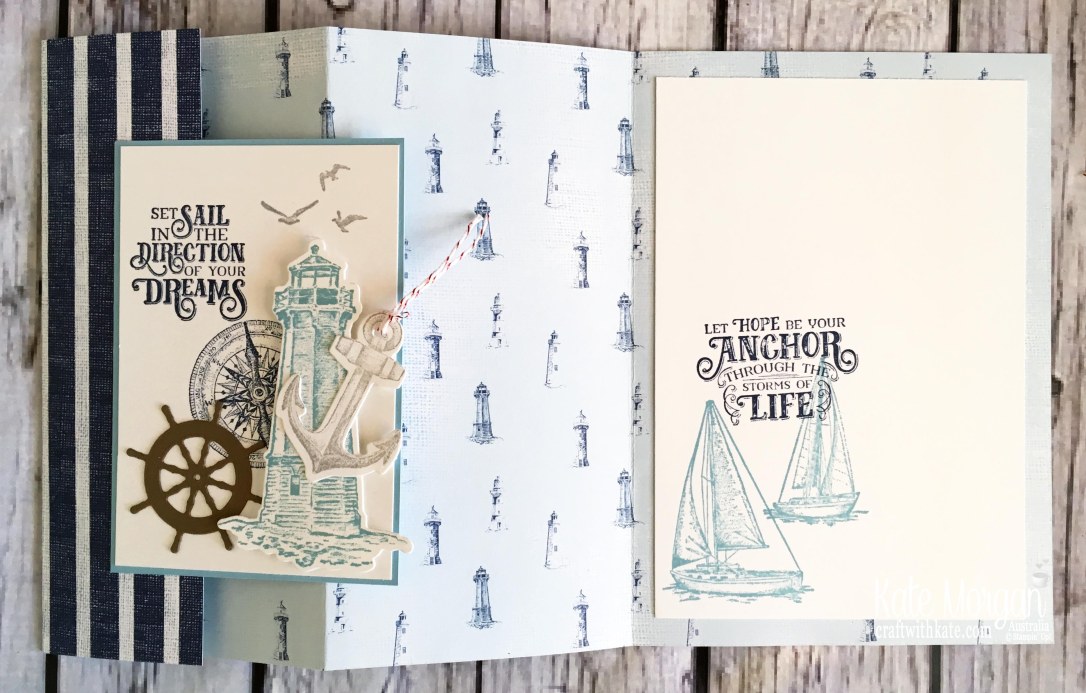 Trifold card using Stampin Up Sailing Home Bundle by Kate Morgan, Australia, 2019 Fancy Folds open