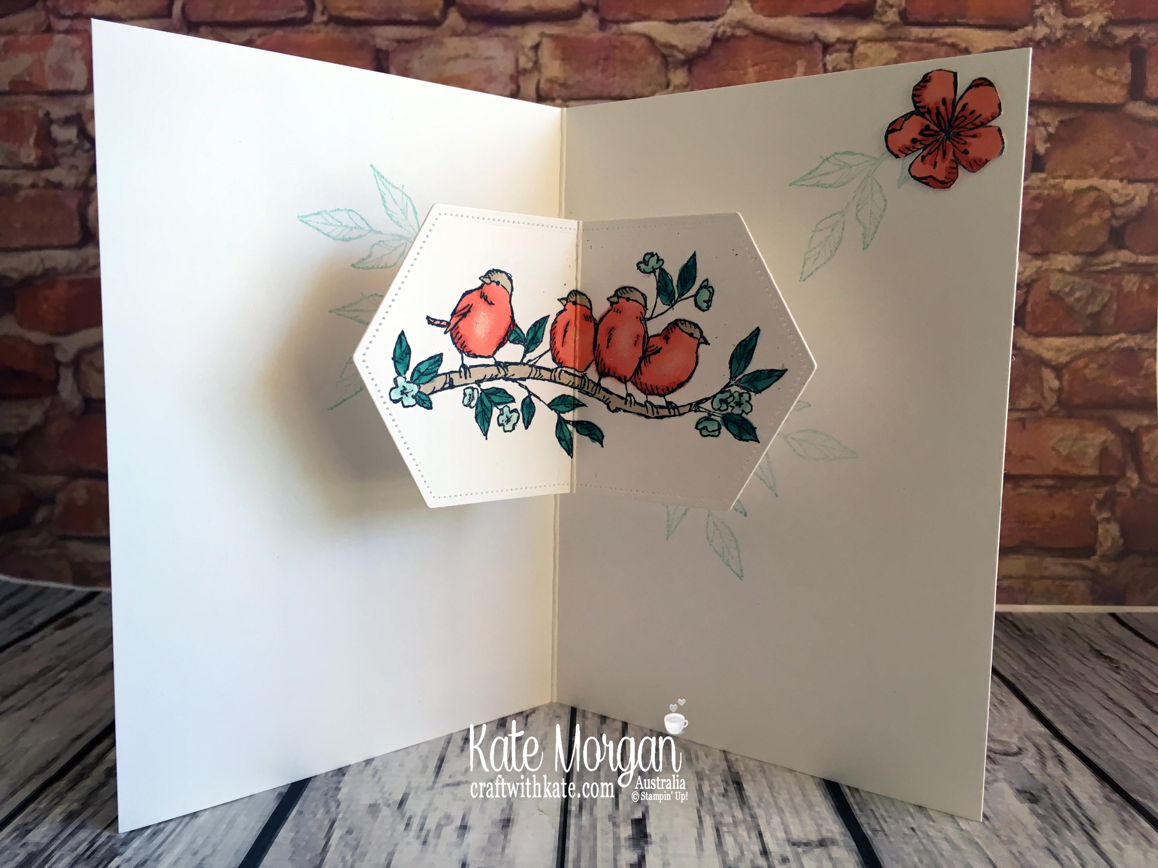 Free as a Bird Bundle using Stampin Up Bird Ballad DSP by Kate Morgan, Australia, 2019 Handmade Fancy Fold Pop up Birthday Card inside