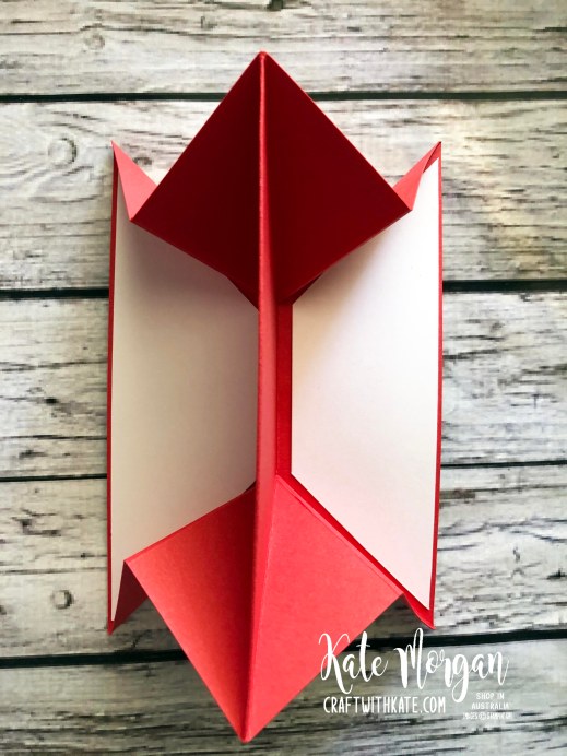 Tricorn Fold Card using Stampin Up Peaceful Poppies DSP & Peaceful Moments Bundle by Kate Morgan, Australia Mini 2020 b