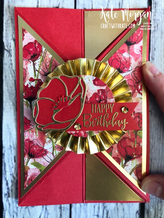 Tricorn Fold Card using Stampin Up Peaceful Poppies DSP & Peaceful Moments Bundle by Kate Morgan, Australia Mini 2020 flat