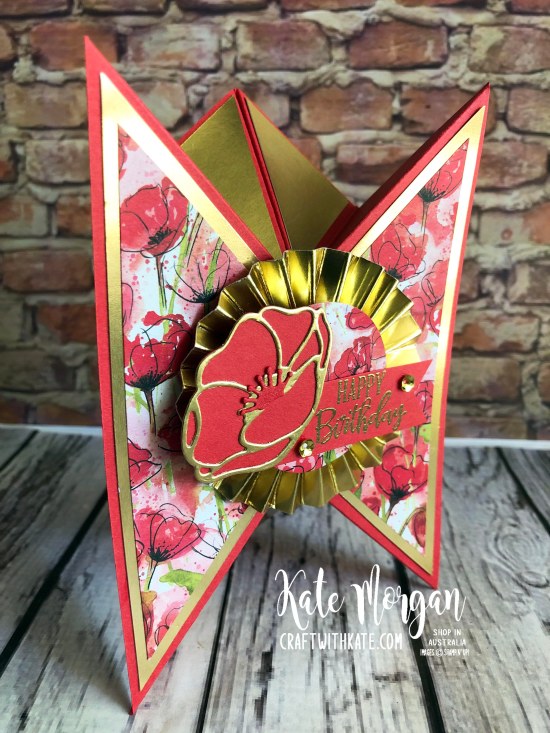 Tricorn Fold Card using Stampin Up Peaceful Poppies DSP & Peaceful Moments Bundle by Kate Morgan, Australia Mini 2020 s