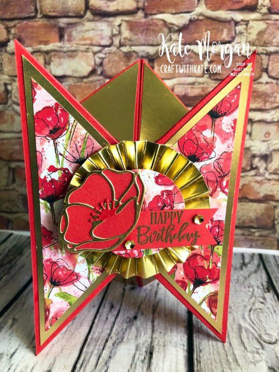 Tricorn Fold Card using Stampin Up Peaceful Poppies DSP & Peaceful Moments Bundle by Kate Morgan, Australia Mini 2020