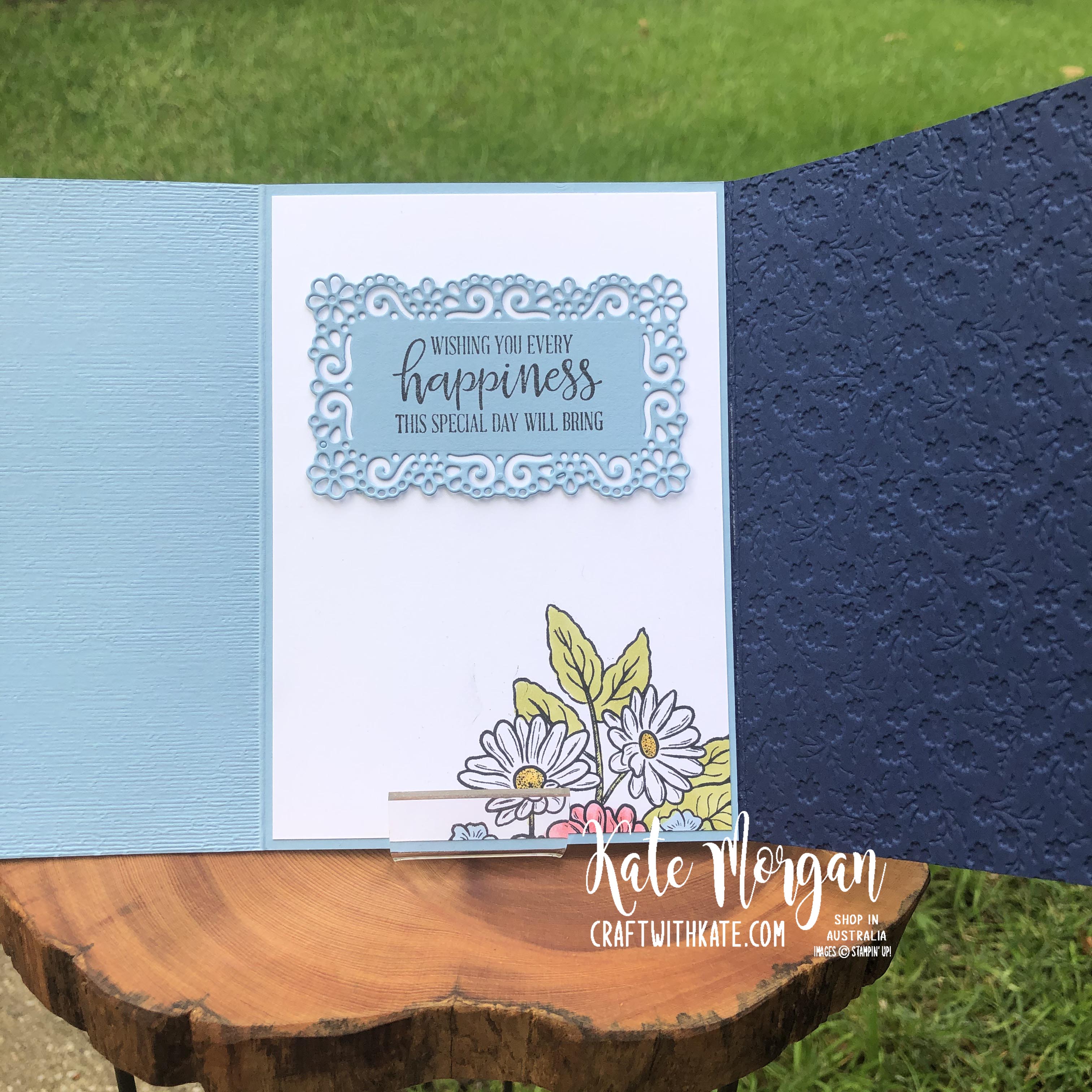 Trifold card using Stampin Up Ornate Garden &amp; Peaceful Poppies Suites by Kate Morgan Australia 2020 fully open