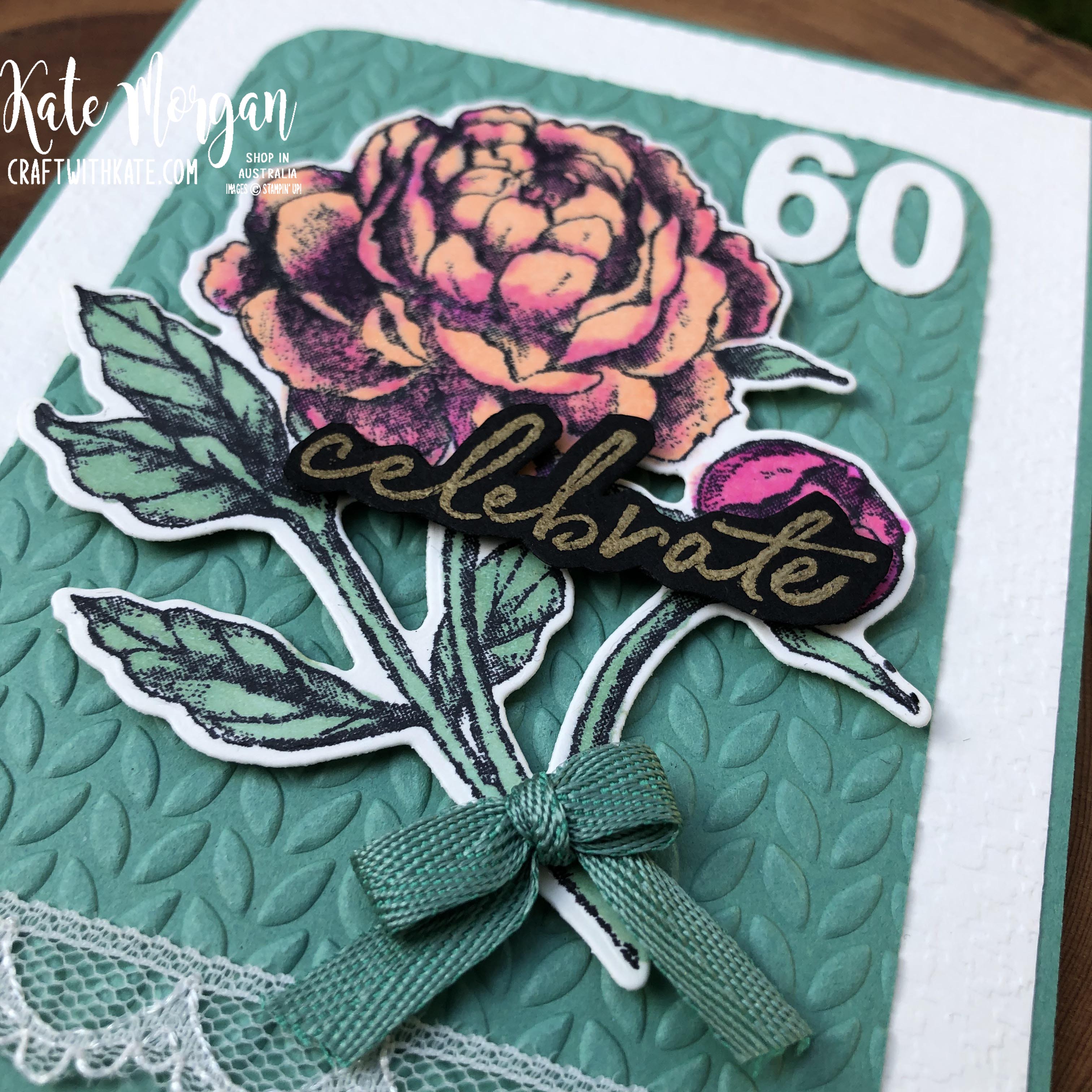 60th Feminine birthday card using Prized Peony by Kate Morgan Stampin Up Australia 2020..