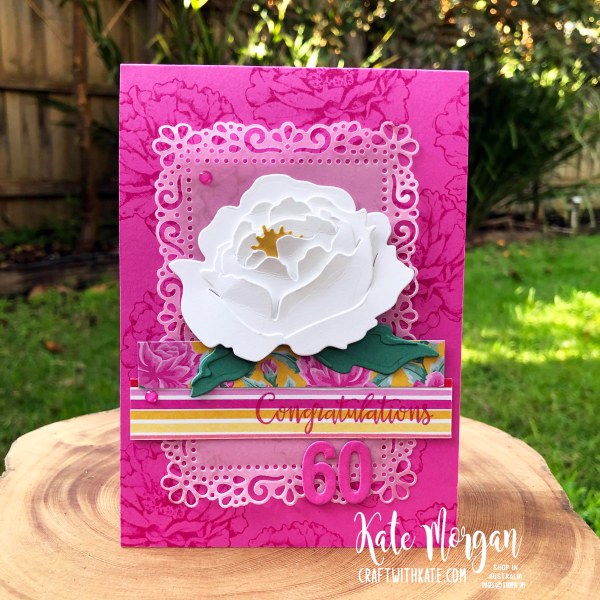 60th Feminine birthday card using Prized Peony Magenta Madness by Kate Morgan Stampin Up Australia 2020.