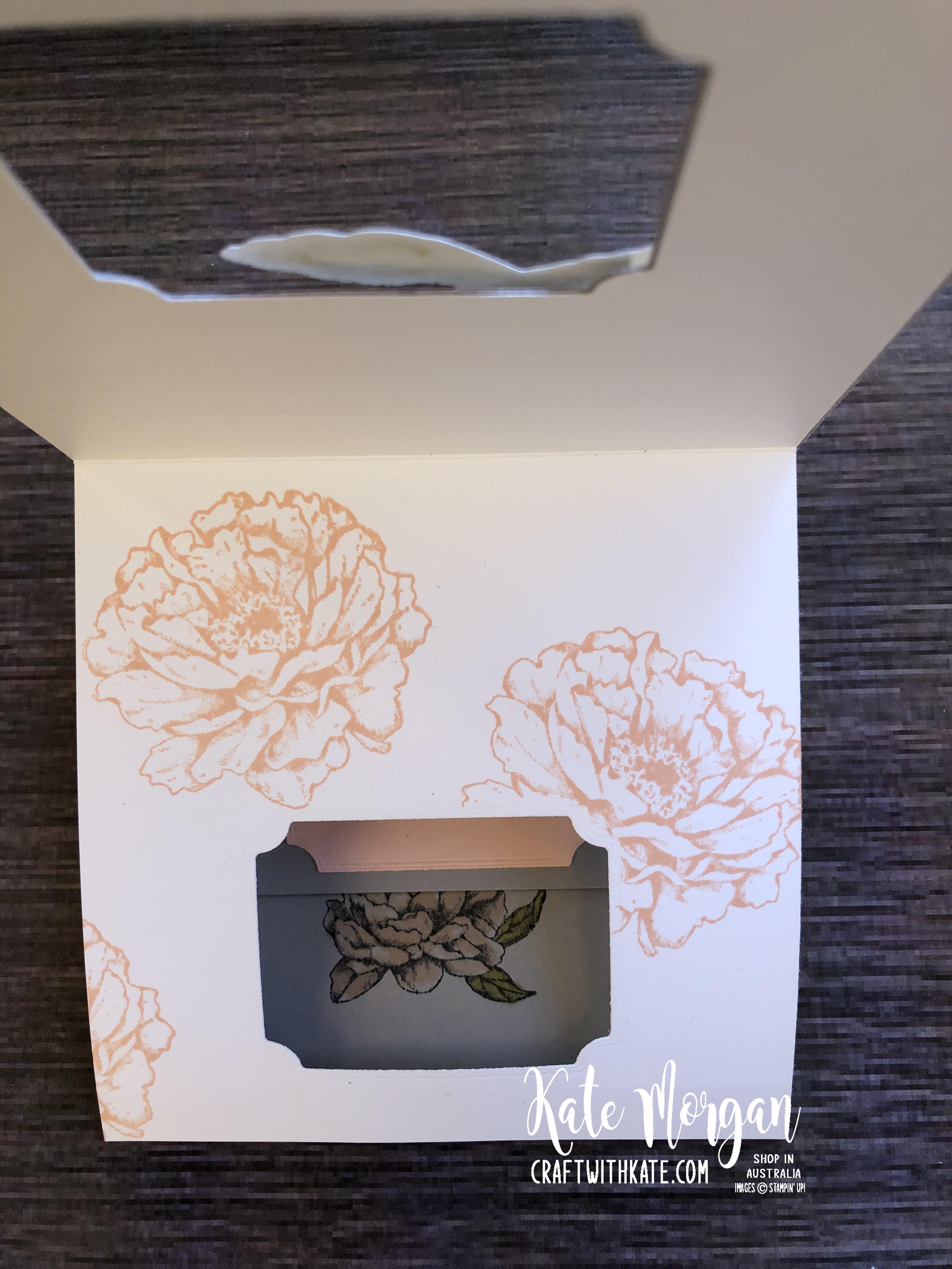 Peek a Boo Card using Stampin Up Prized Peony by Kate Morgan, Australia 2020 opening