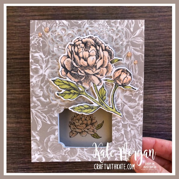 Peek a Boo Card using Stampin Up Prized Peony by Kate Morgan, Australia 2020