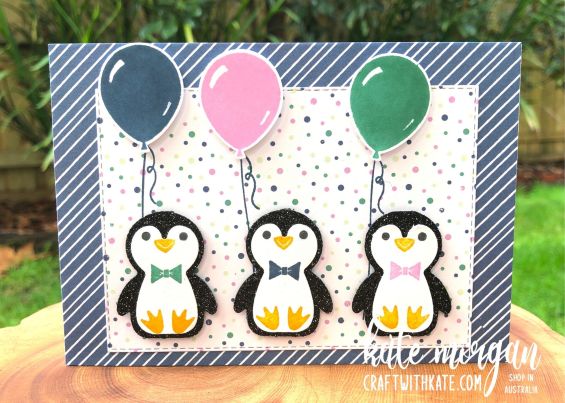 Glittered Birthday Penguins, Stampin Up 2021 by Kate Morgan, Australia