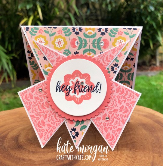 Triple Point Fancy Fold card using Sweet Symmetry DSP 2021 by Kate Morgan Stampin Up Australia standing