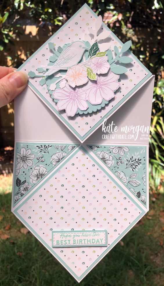 Friendly Hello SAB Diamond Easel Fold card by Kate Morgan Stampin Up Australia 2022 open