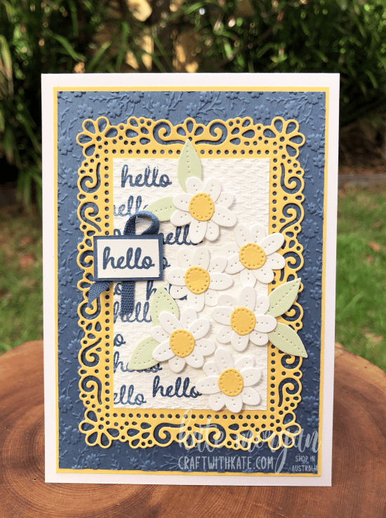 Daisy card using Pierced Blooms, ornate frames, ornate floral, tasteful textiles by Kate Morgan Stampin Up Australia 2022