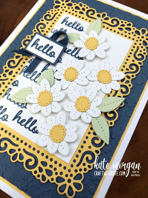 Daisy card using Pierced Blooms, ornate frames, ornate floral, tasteful textiles by Kate Morgan Stampin Up Australia 2022.