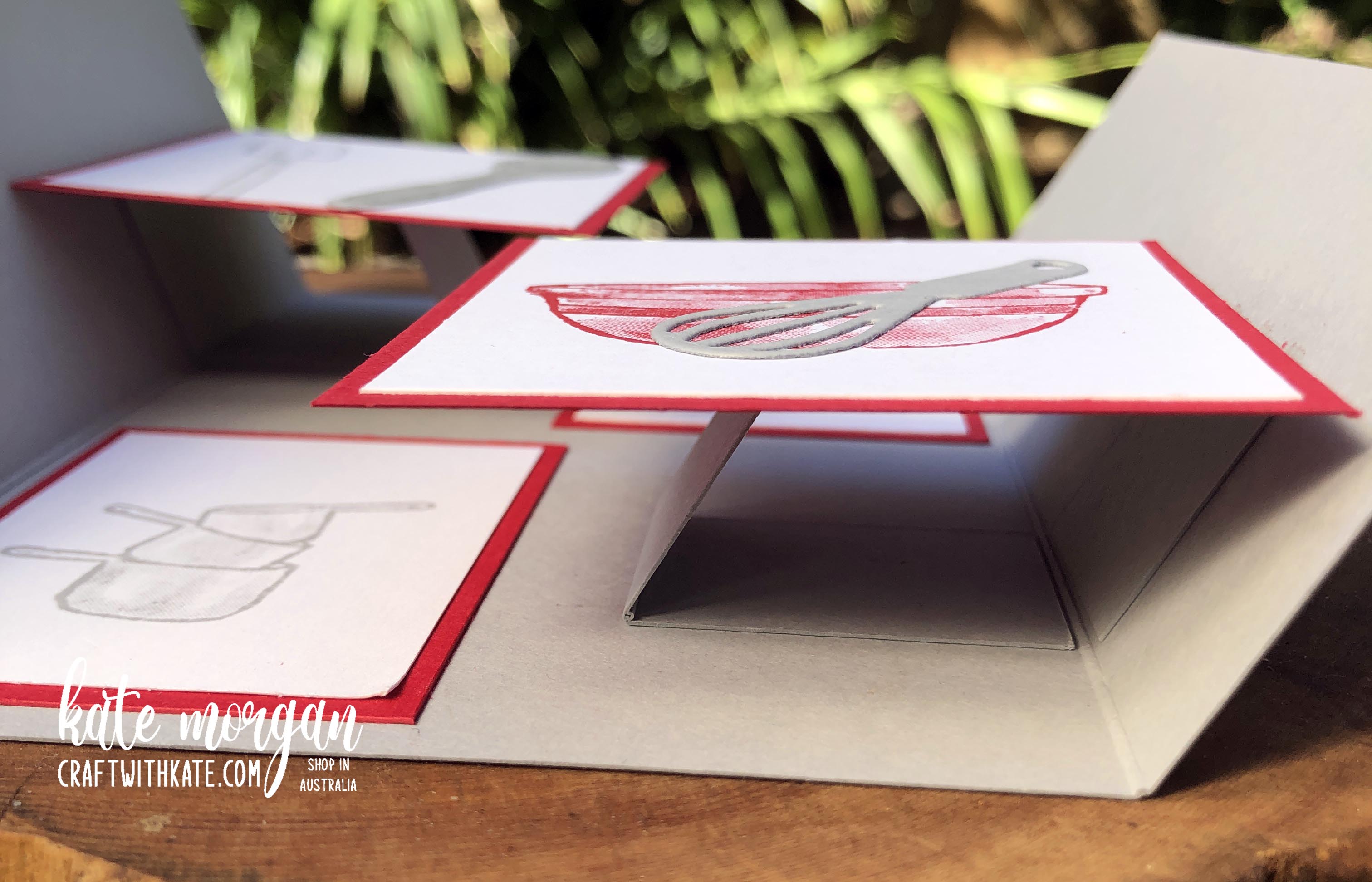 Double Pop Up Gatefold card using Stampin Up What's Cookin by Kate Morgan, Australia 2022 mechanism
