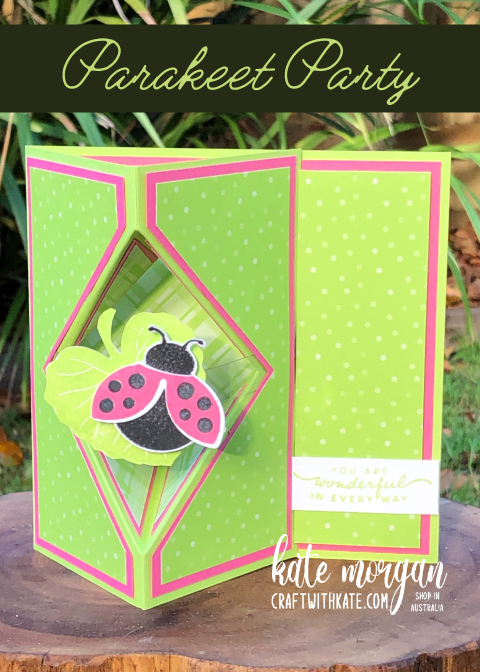 Faceted Diamond Vertical Easel card for CCBH Parakeet Party using Hello Ladybug by Kate Morgan, Stampin Up Australia 2022