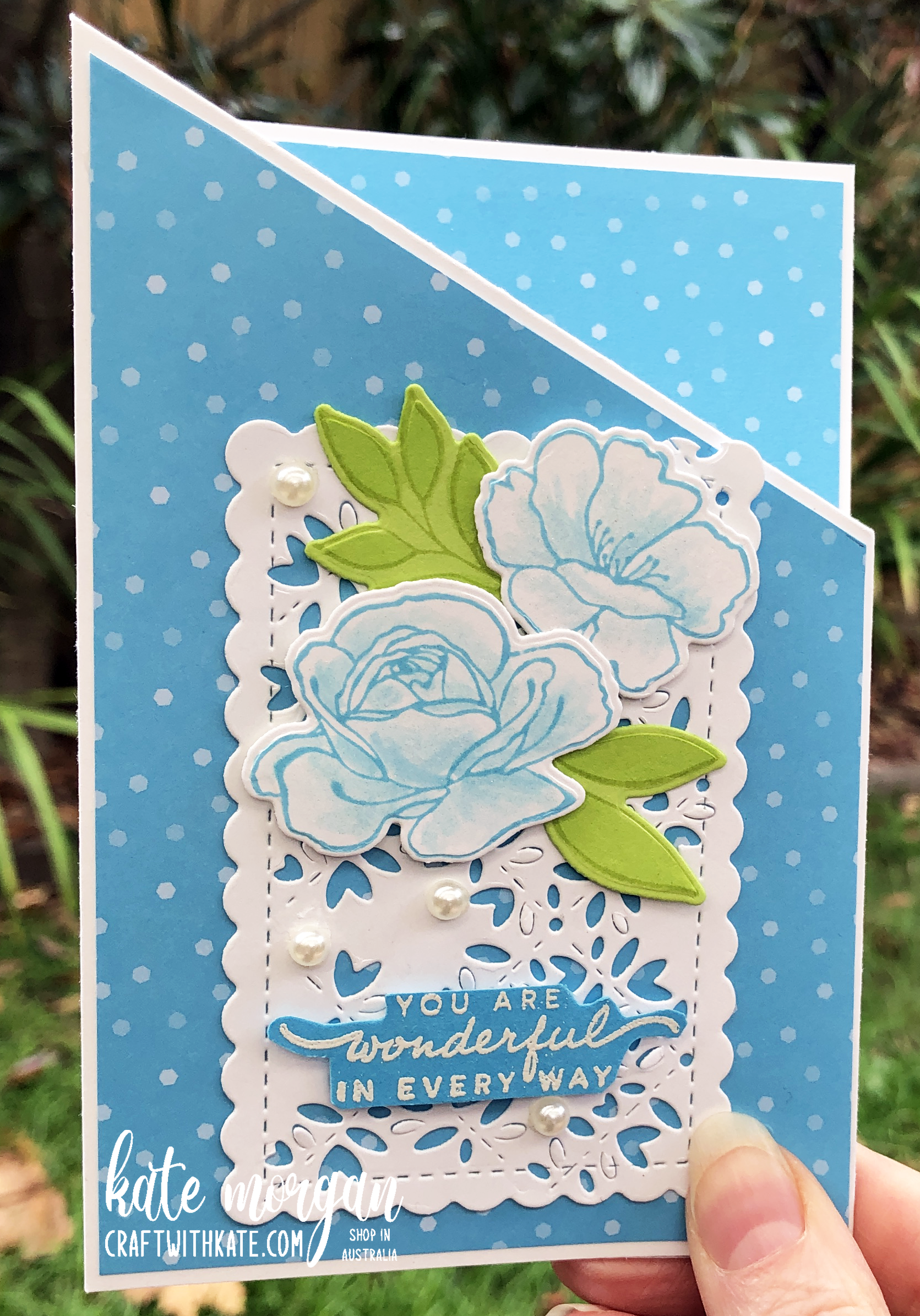 Miura Fancy Fold Card using Stampin Up In Color Tahitian Tide for Colour Creations Blog Hop by Kate Morgan Australia 2022 closed