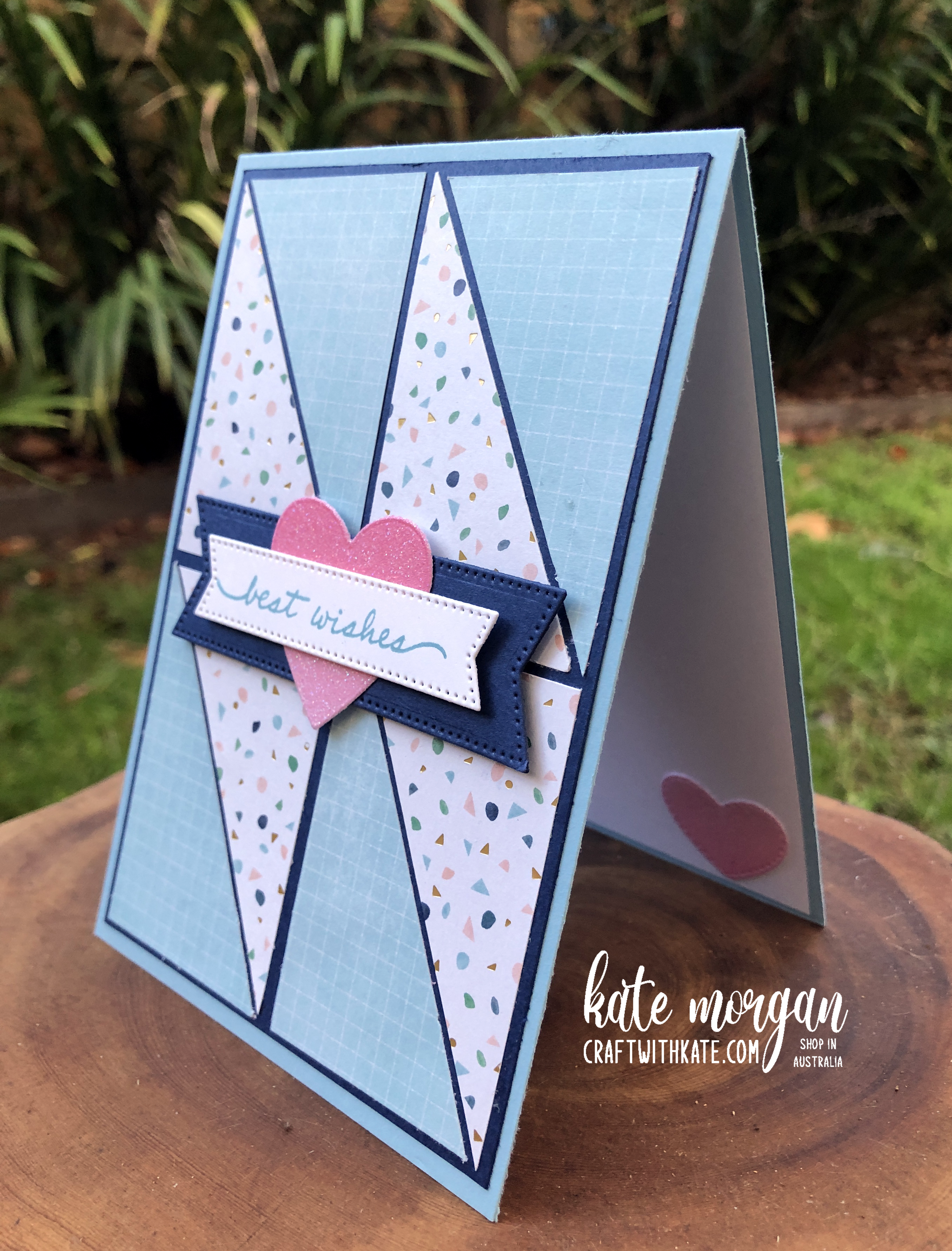 Triangle patchwork Card using Stampin Up Abstract Beauty DSP &amp; Balmy Blue for Colour Creations Blog Hop by Kate Morgan Australia 2022 side