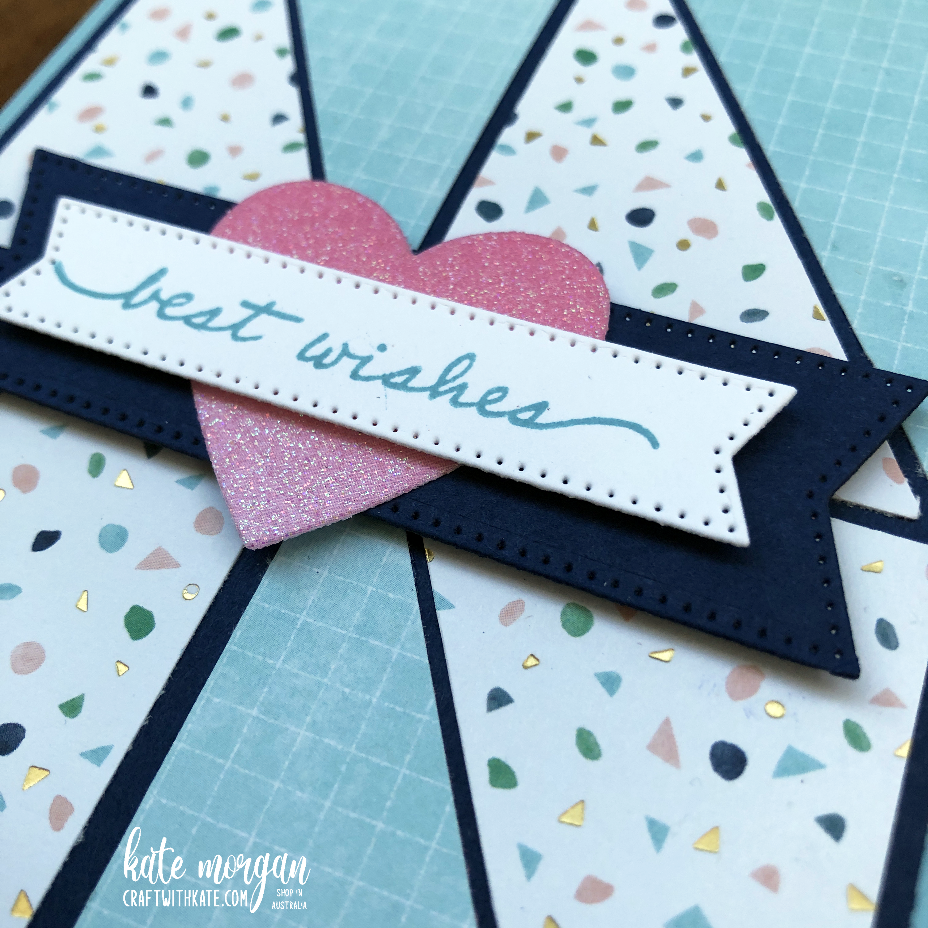 Triangle patchwork Card using Stampin Up Abstract Beauty DSP &amp; Balmy Blue for Colour Creations Blog Hop by Kate Morgan Australia 2022 sm