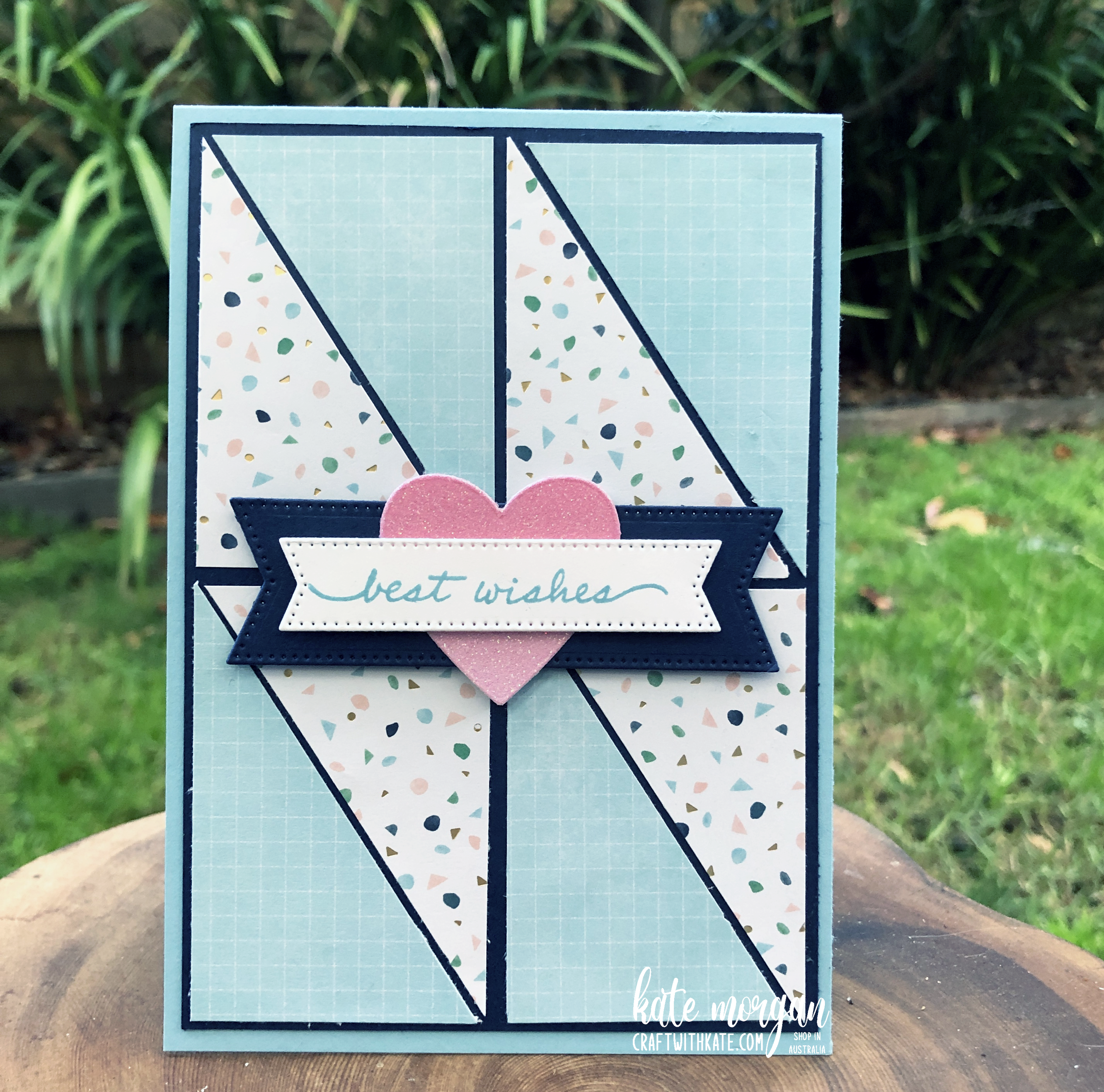 Triangle patchwork Card using Stampin Up Abstract Beauty DSP &amp; Balmy Blue for Colour Creations Blog Hop by Kate Morgan Australia 2022 sq