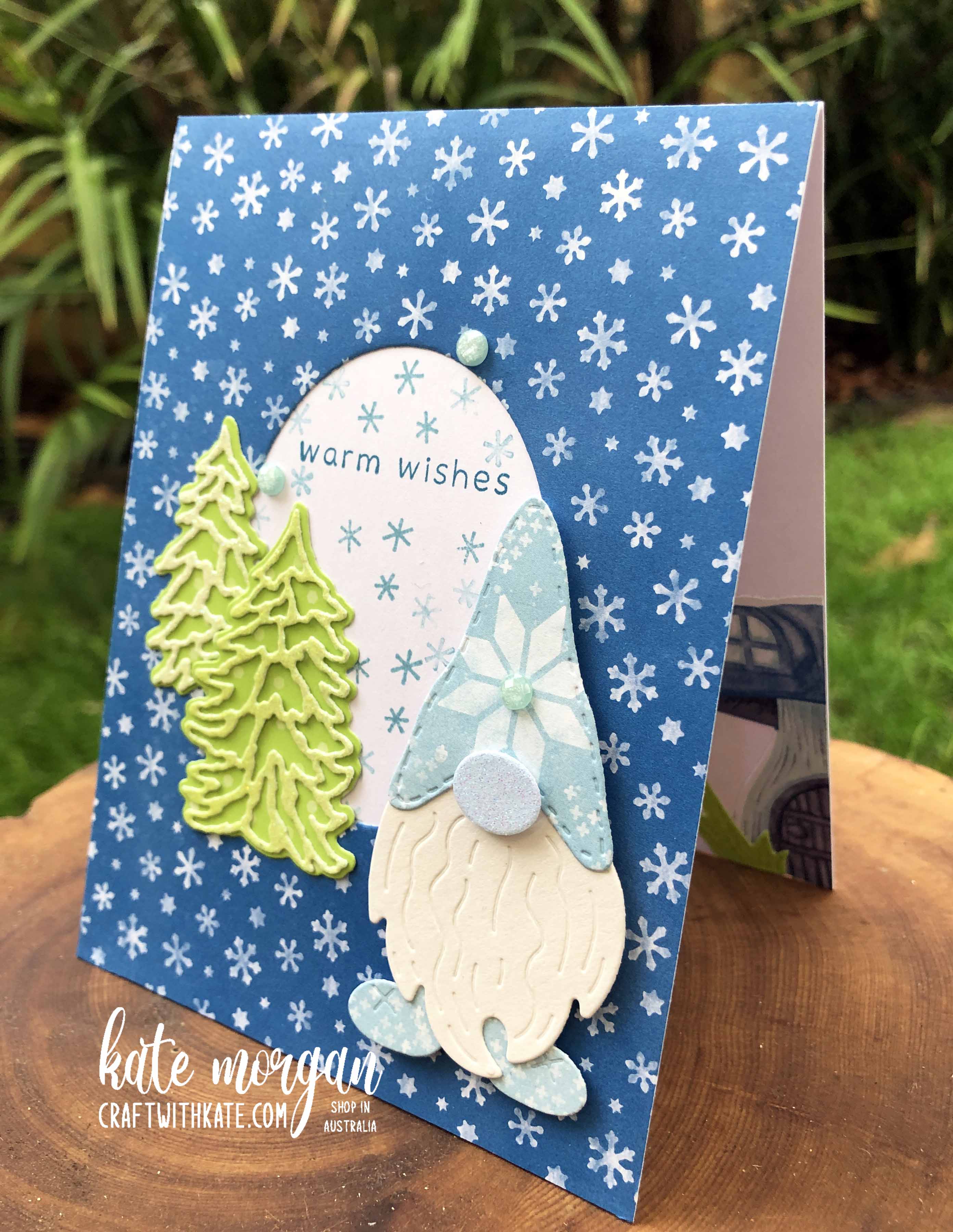 Christmas handmade card using Stampin Up Gnomes dies by Kate Morgan, Australia 2022