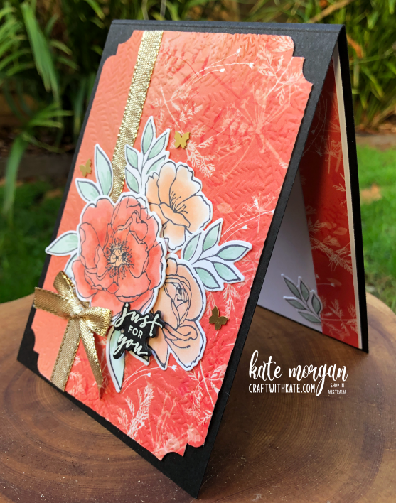 Feminine Handmade card using Stampin Up Happiness Abounds &amp; Pretty Prints DSP by Kate Morgan, Australia 2022 for Colour Creations Calypso Coral side