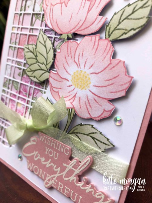 Feminine handmade card using Stampin Up Wonderful World DSP & Split Textures dies by Kate Morgan, Australia 2022