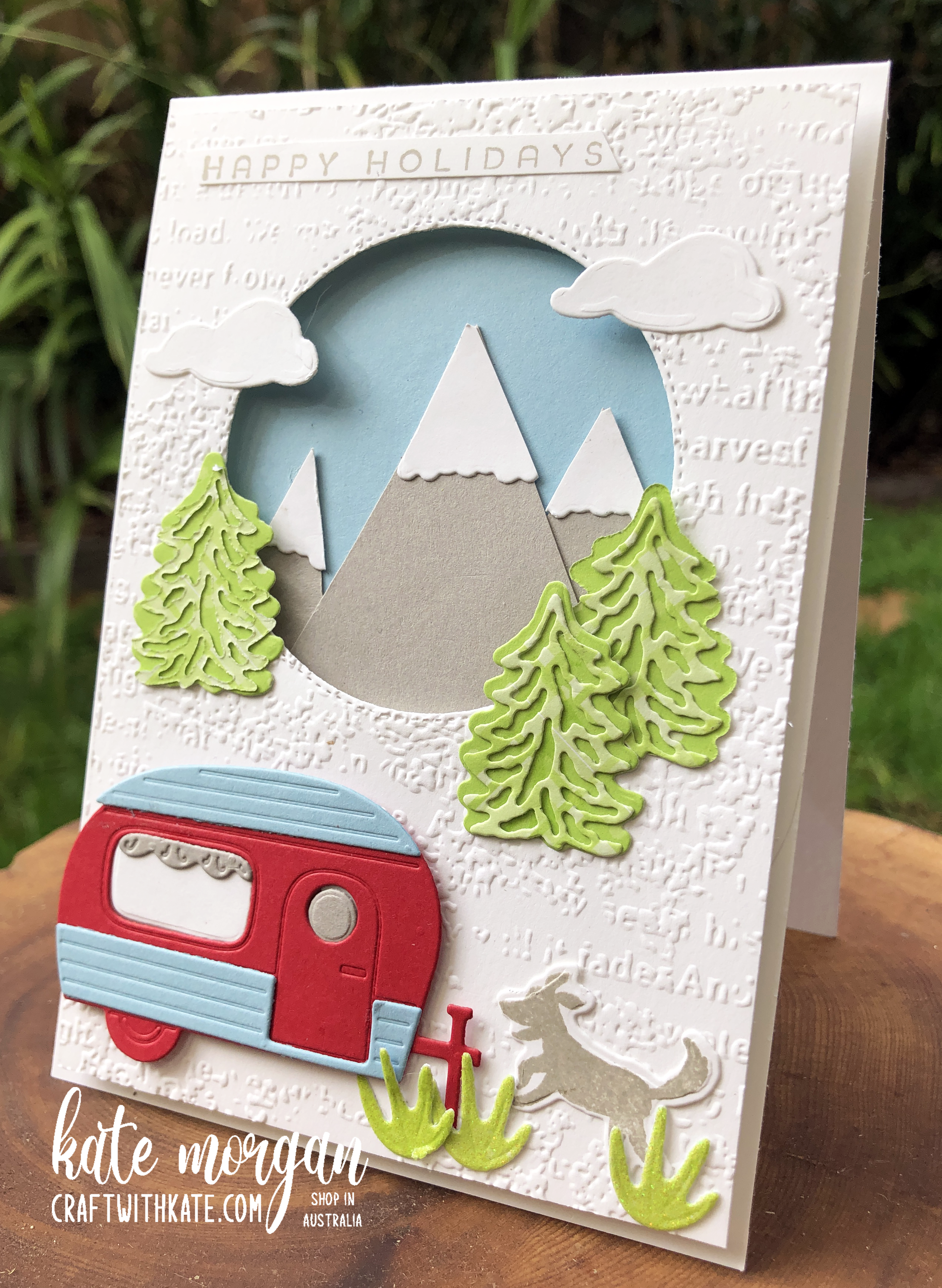 Happy Holidays card using Stampin Up SAB Tree Lot Dies by Kate Morgan, Australia Heart of Christmas 2022