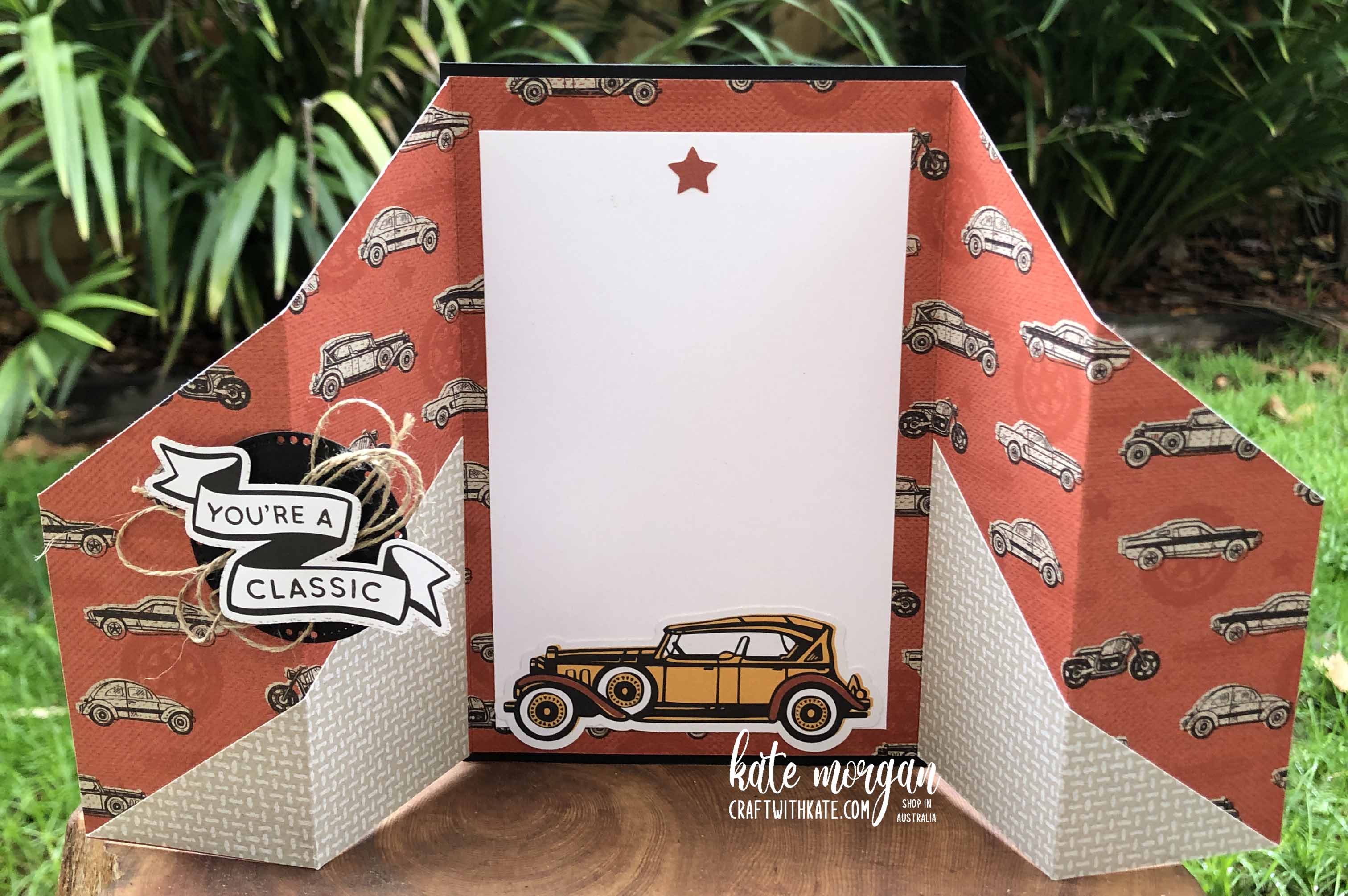 Masculine Double Z Fold card using Stampin Up He's the Man by Kate Morgan, Australia 2022