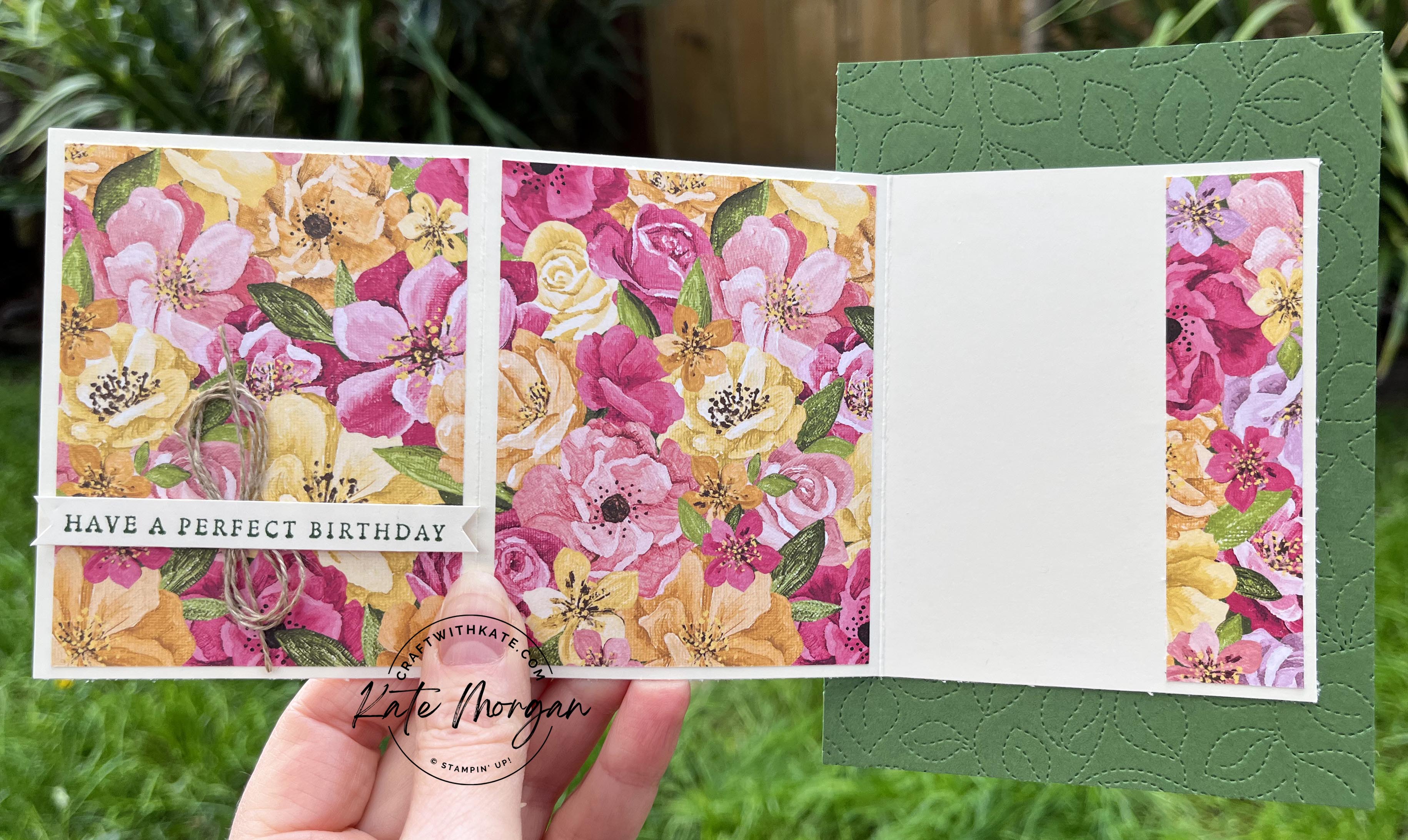 Fancy Fold card Garden Green CCBH by Kate Morgan, Stampin Up Australia 2022 Hues of Happiness Stitched Greenery open