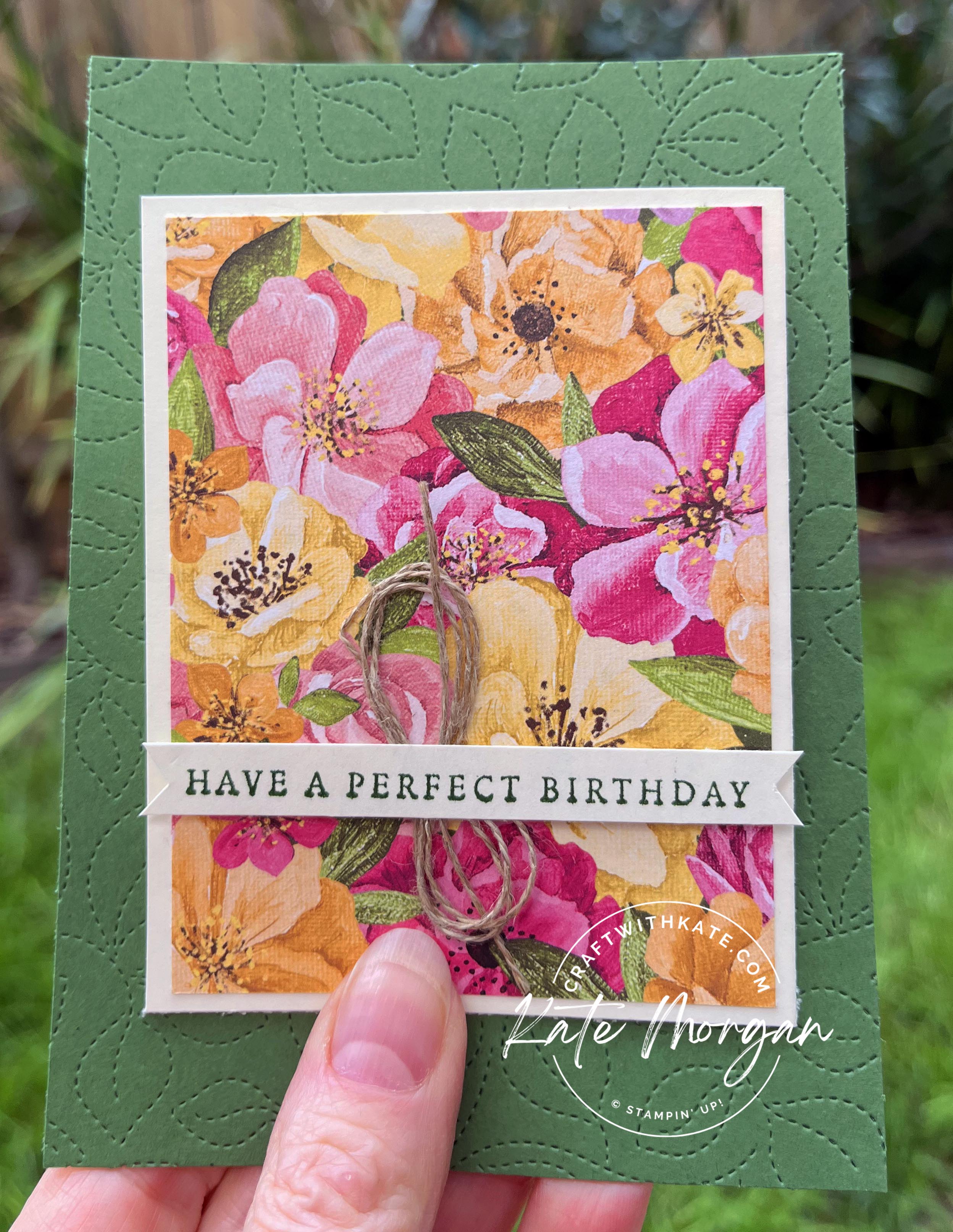 Fancy Fold card Garden Green CCBH by Kate Morgan, Stampin Up Australia 2022 Hues of Happiness Stitched Greenery