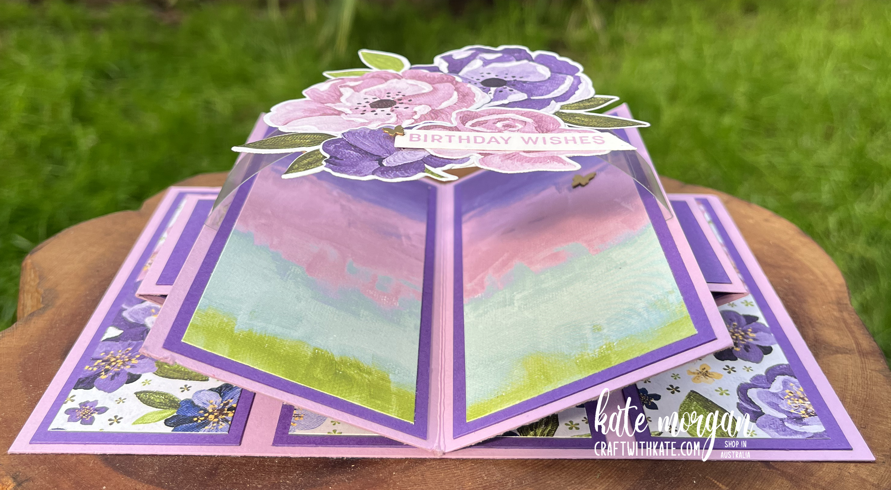 Suspended Book Fold card for Fresh Freesia Colour Creations Blog Hop by Kate Morgan, Stampin Up Australia 2022 side