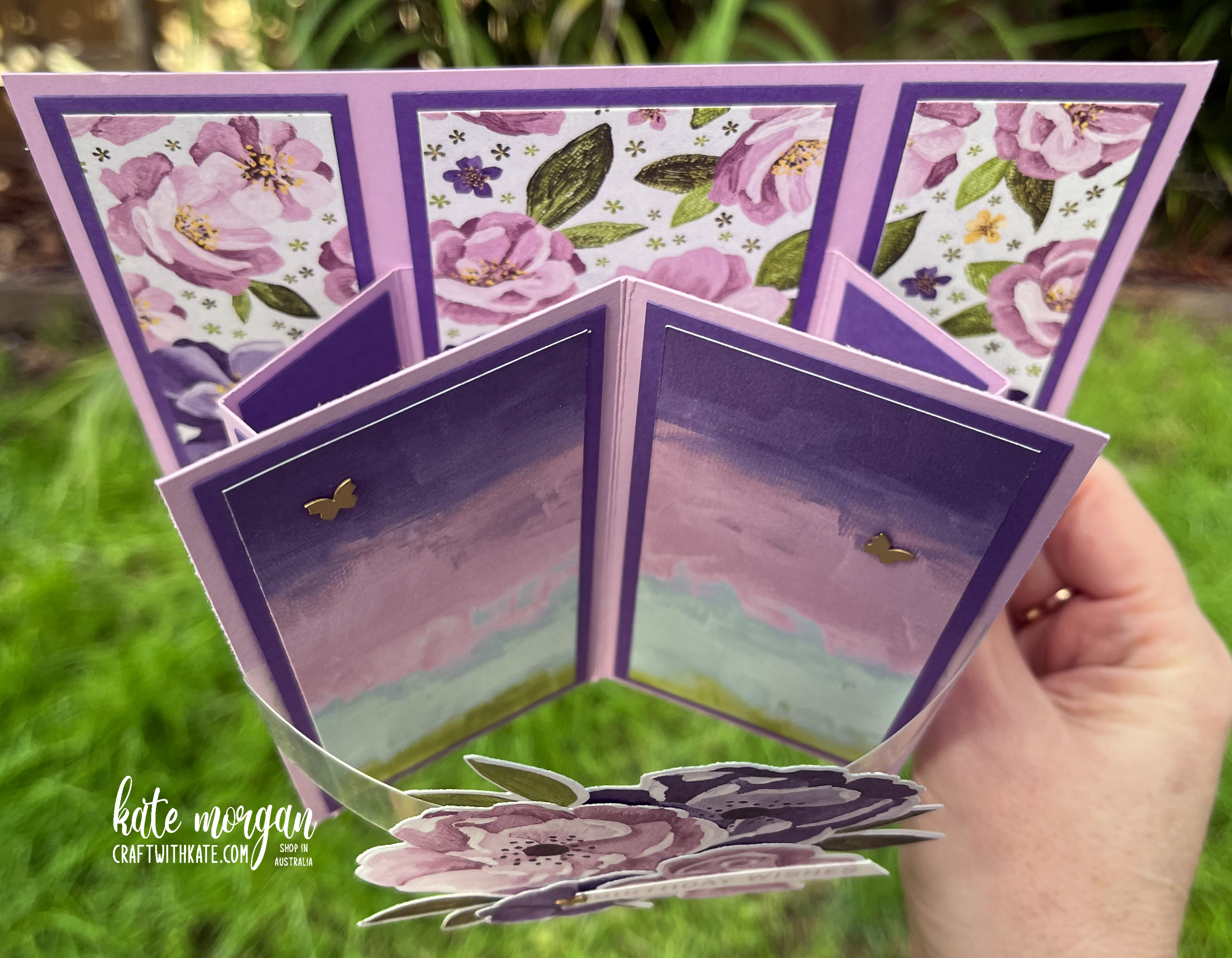 Suspended Book Fold card for Fresh Freesia Colour Creations Blog Hop by Kate Morgan, Stampin Up Australia 2022 top