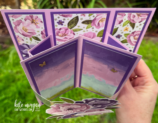Suspended Book Fold card for Fresh Freesia Colour Creations Blog Hop by Kate Morgan, Stampin Up Australia 2022 top
